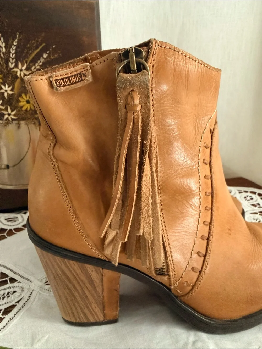Pikolinos Leather Ankle Boots 38 US 7.5 8 Camel Tassel Boho Block Heel Boot